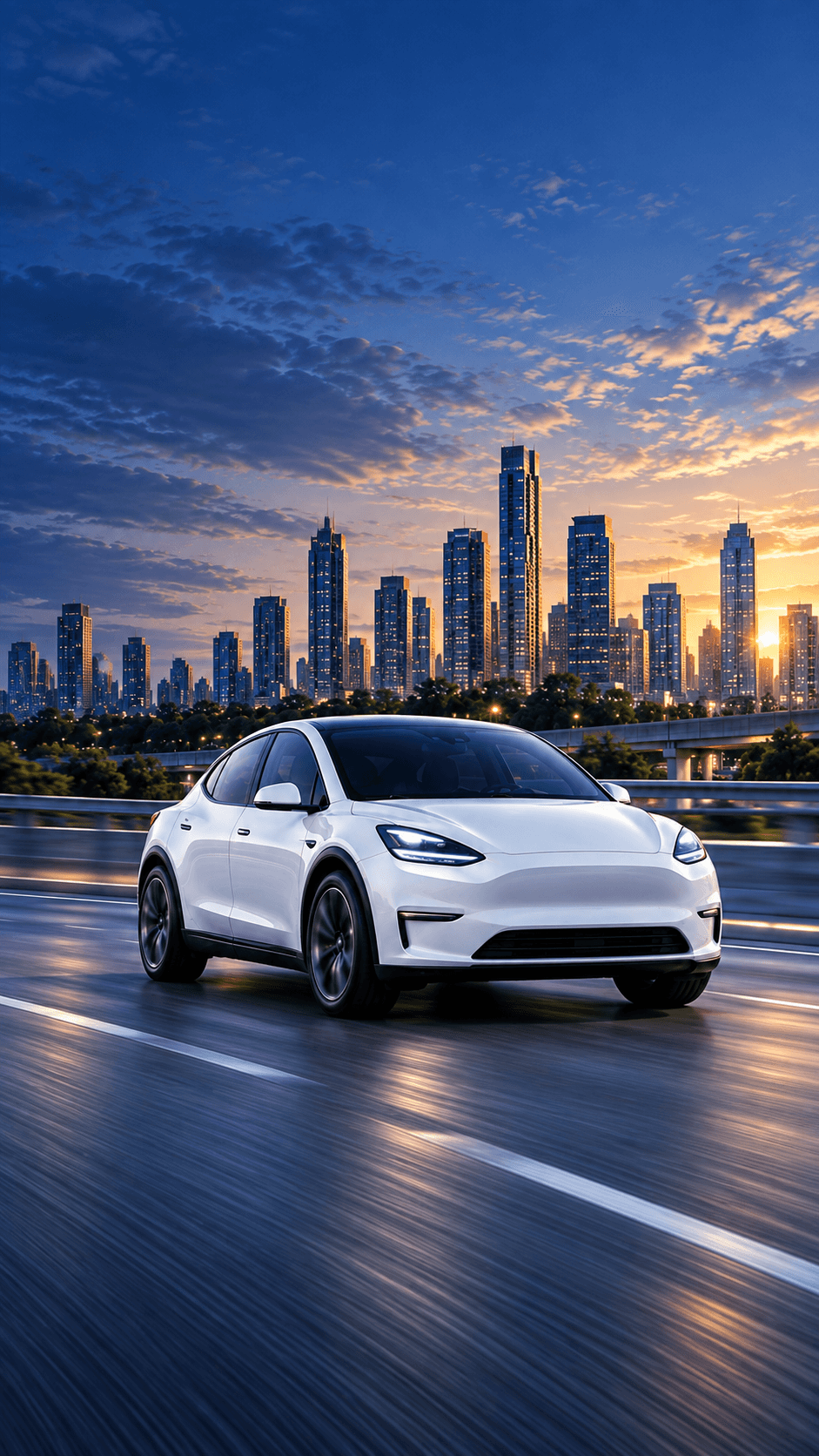 White electric vehicle centered on a highway beside a city skyline