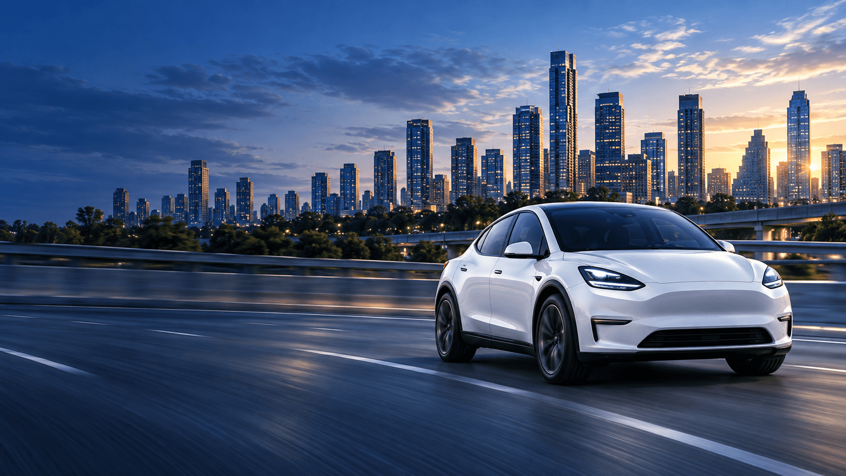 White electric vehicle traveling on a highway beside a city skyline